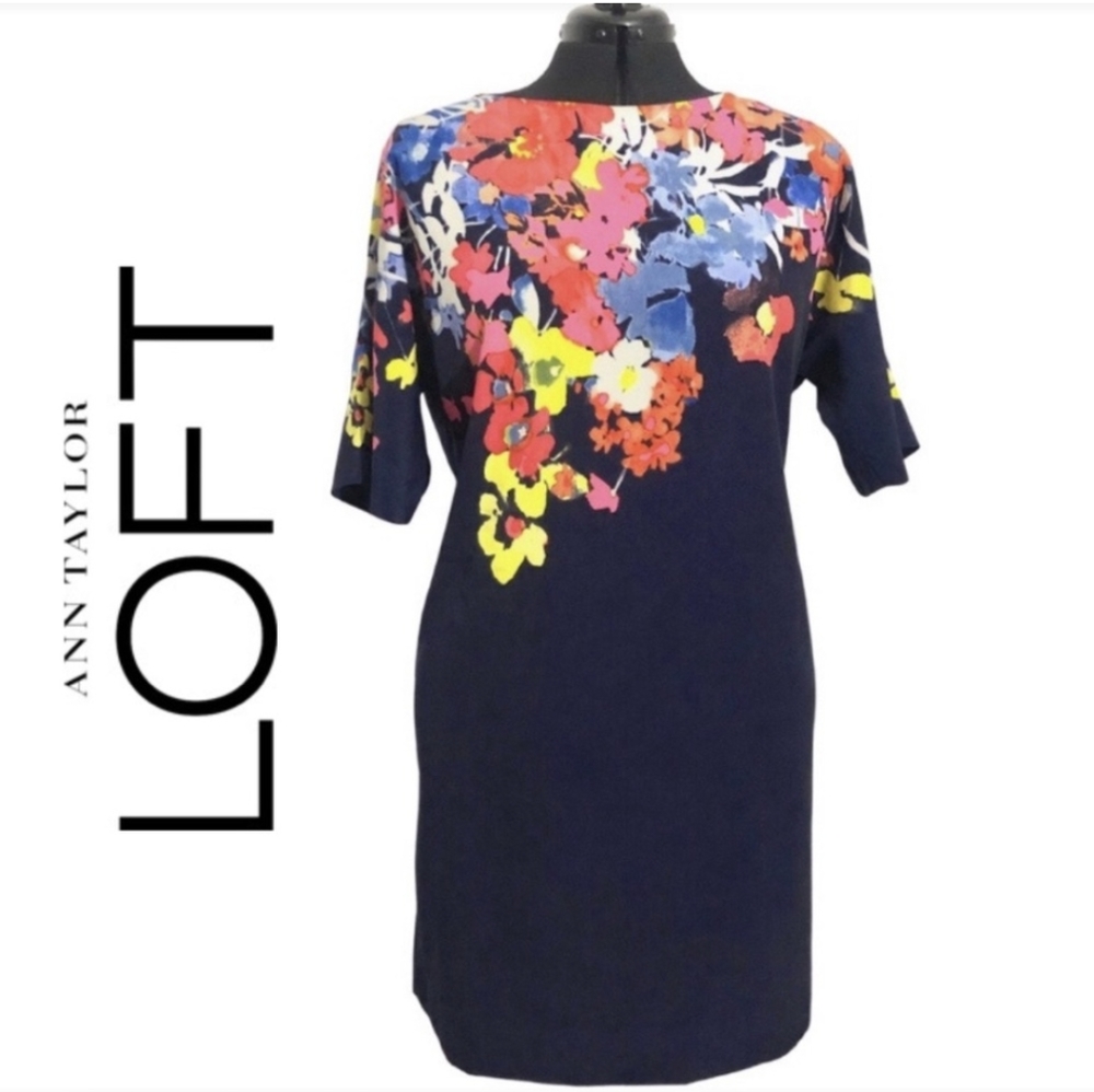 Loft xs floral, navy sheath dress